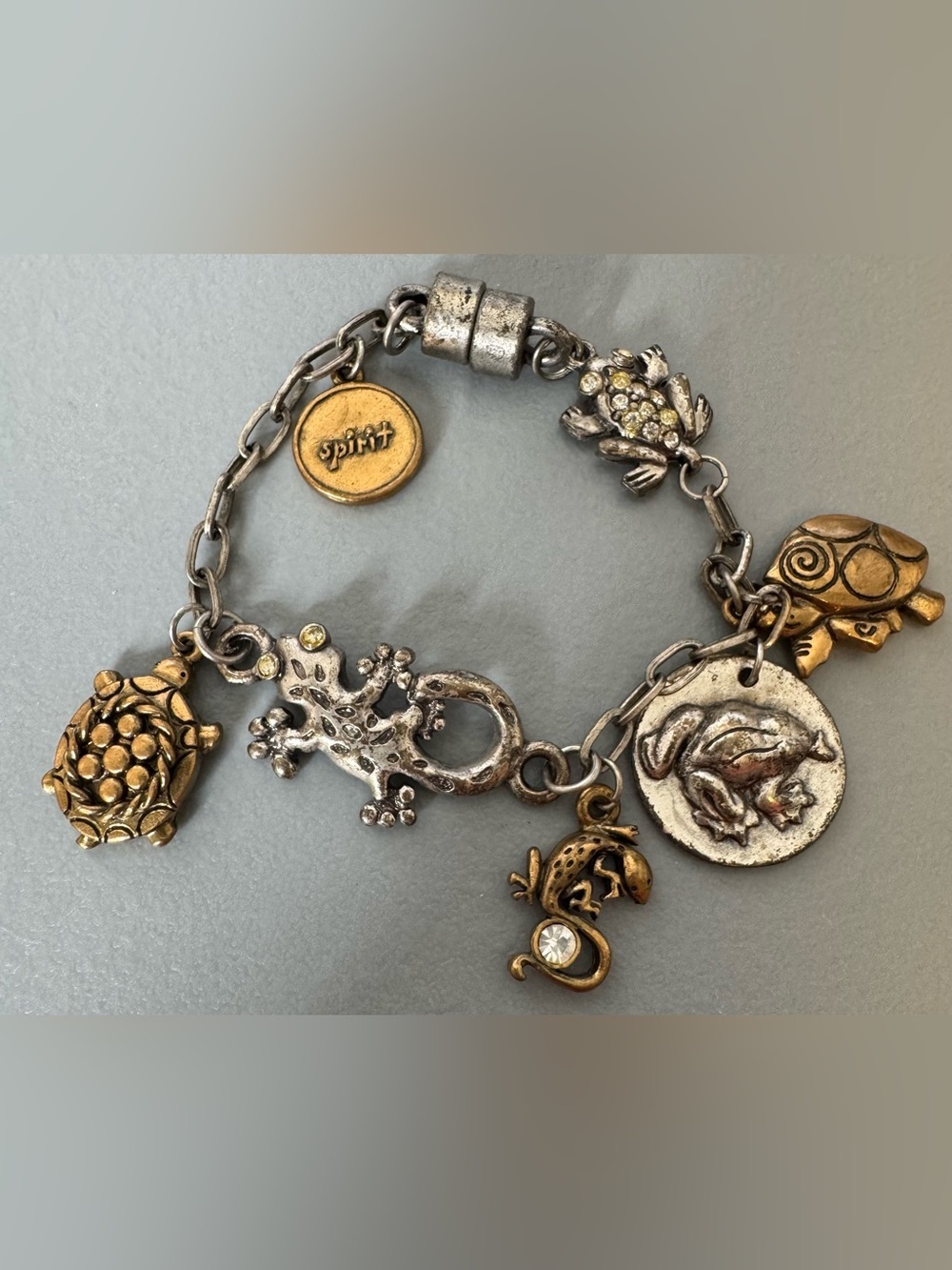 Two-Tone Animal Charm Bracelet in Gold Silver Tones zoo gecko turtle frog lizard